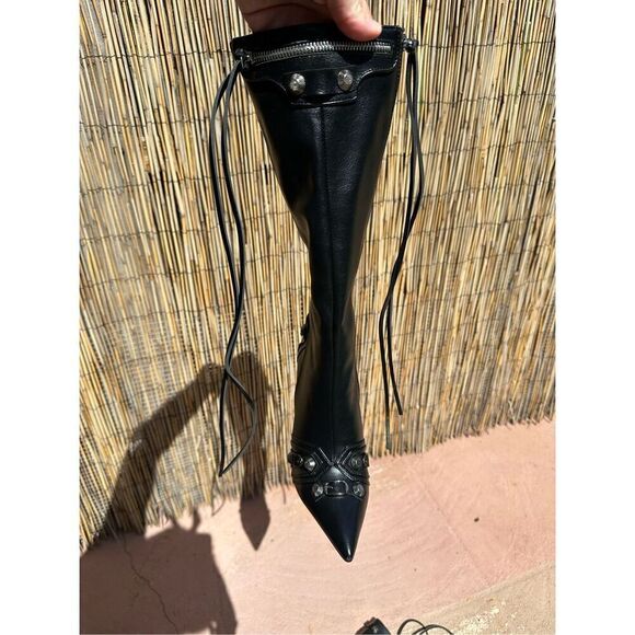 Women's Black Stiletto High Heel Knee High Boots with Tassel Pointy Toe Studded - Picture 7 of 8